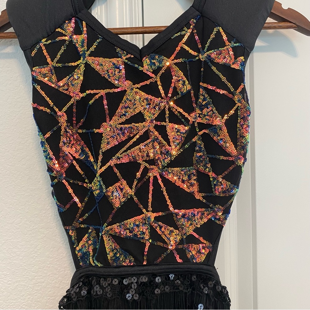 Weissman Black Dress with Multicolor Geometric Sequin Bodice and Fringe Skirt - Picture 3 of 9